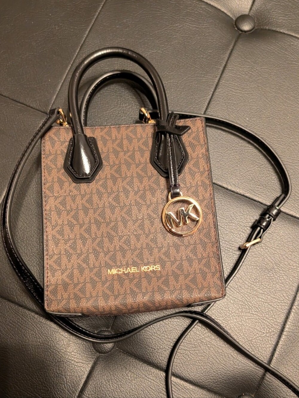 Michael Kors Brown Signature Mini Tote with Black Handles and Gold Accent